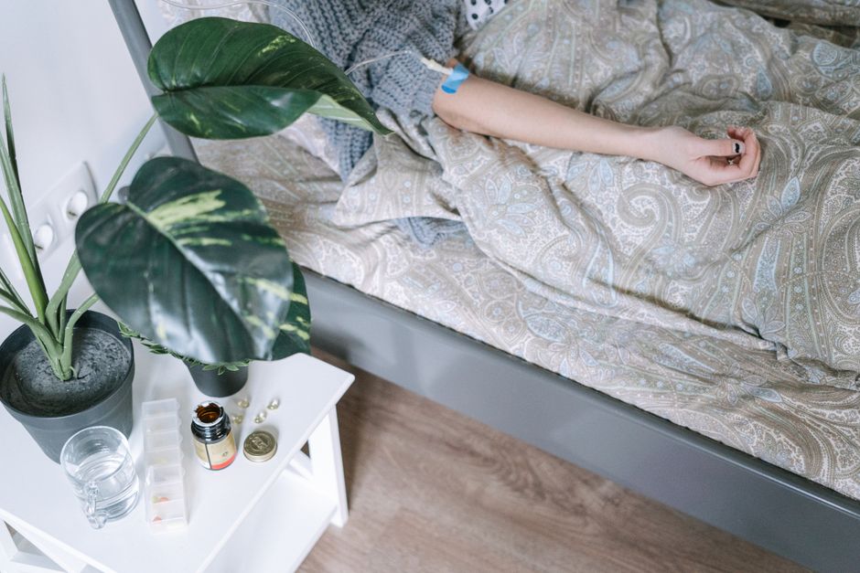 Patient resting comfortably at home during gastric bypass recovery